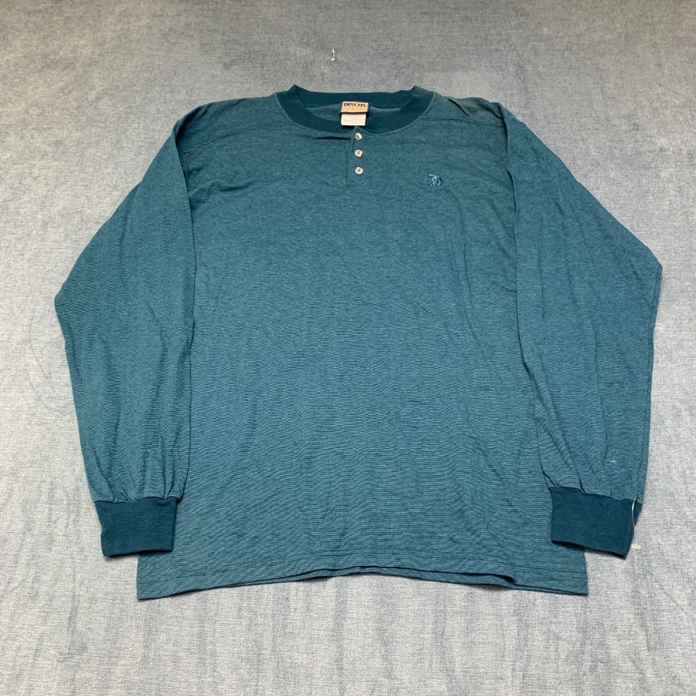 VTG Discus Classic Athletic Henley Shirt Mens Large Blue Mandarin Long Sleeve